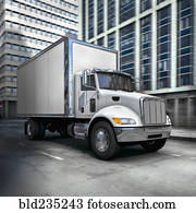 Shiny delivery truck driving in city