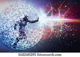 Beams of light from futuristic soldier floating in sphere