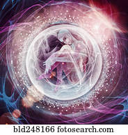 Embryo floating in sphere in cyberspace