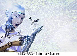 femininas, cyborg, observar, voando, robô, inseto