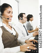 representantes serviço freguês, desgastar, headsets, usando, computadores