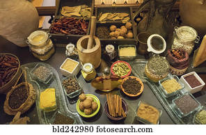 Variety of spice ingredients on table