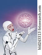 White female cyborg watching floating sphere