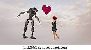 Barefoot girl giving heart-shape balloon to robot