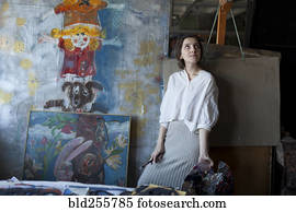 caucasiano, artista, segurando, pincel, e, paleta