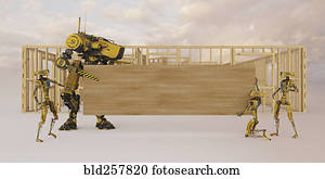 Construction robots holding wooden board with copy space