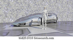 Robot standing near shiny futuristic car