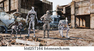 Soldier and military robots standing near rubble