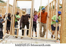 voluntários, levantamento, parede, em, local construção