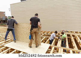 voluntários, segurando, madeira compensada, em, local construção