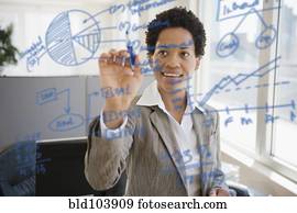 americano africano, executiva, escrita, ligado, vidro, tábua