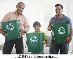 Hispanic grandfather, father and son recycling