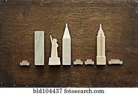 New York city landmarks carved out of wood