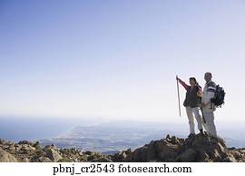 par velho, ficar, ligado, penhasco, com, mochilas