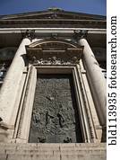 Carved door of ornate building, Berlin, Germany