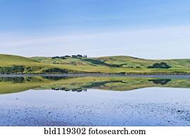 rural, colinas, refletido dentro, pacata, estuário