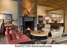 Leather Sofas In Modern Country Living Room With Fireplace In