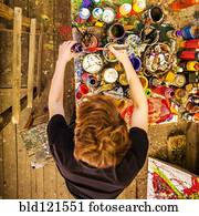 caucasiano, artista, trabalhando, em, estúdio