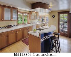 Counter tops and stools in open kitchen