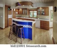 Counter tops and stools in open kitchen