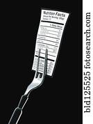 garfo, segurando, rótulo nutrição