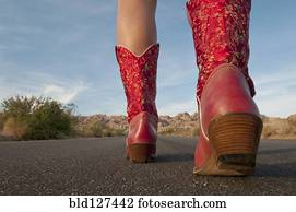 Woman in red boots walking to horizon