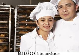 hispânico, padeiros, sorrindo, em, panificadora