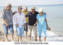 Senior friends walking on beach