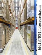 compactado, pallets, ligado, prateleiras, em, armazém