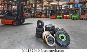 forklift, pneus, em, armazém
