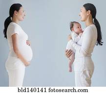 exposição dobro, de, grávida, asiático, mãe, before.and.after, nascimento, de, bebê
