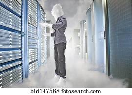 Cloud  business person working in server room
