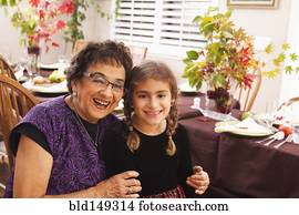 hispânico, vó, e, neta, em, jantar ação graças