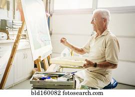 caucasiano, artista, quadro, em, garagem