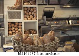 baguettes, em, cesta, ligado, panificadora, contador