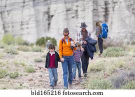 Family hiking on dirt path