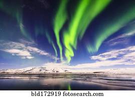 Northern lights reflecting in still remote river