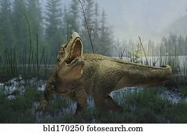 rex tyrannosaurus, dinossauro, prowling, em, pântano