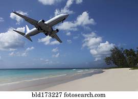 Airplane flying over tropical beach