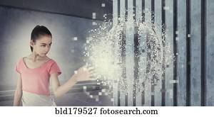 Mixed race girl touching pixelated sphere