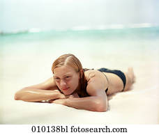 adolescente, relajante, en, el, sand,, sol