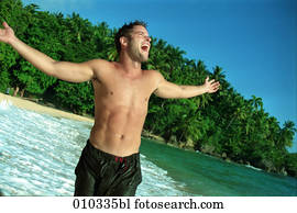 macho, caucásico, (30-35, years), feliz, y, alegre, en la playa