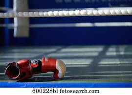 still life of boxing gloves lying ringside at gym still life of boxing gloves lying ringside at gym