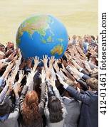 torcida, de, pessoas negócio, alcançar, globo