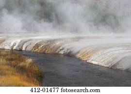 Mist over sand basin and river