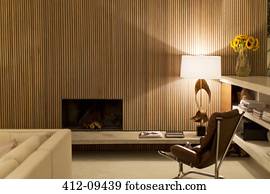 Concreto, chimenea, en, esquina, de, vida moderna, habitación, con