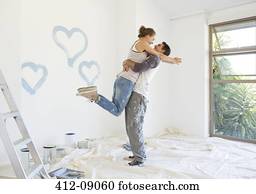 par, quadro, azul, corações, ligado, parede