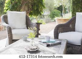 xícaras café, ligado, tranqüilo, pátio