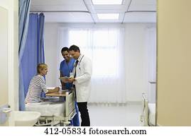 Doctor and nurse talking to patient in hospital room