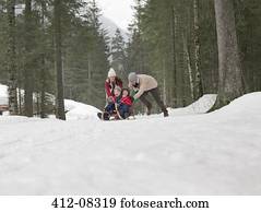 família, sledding, em, nevado, madeiras